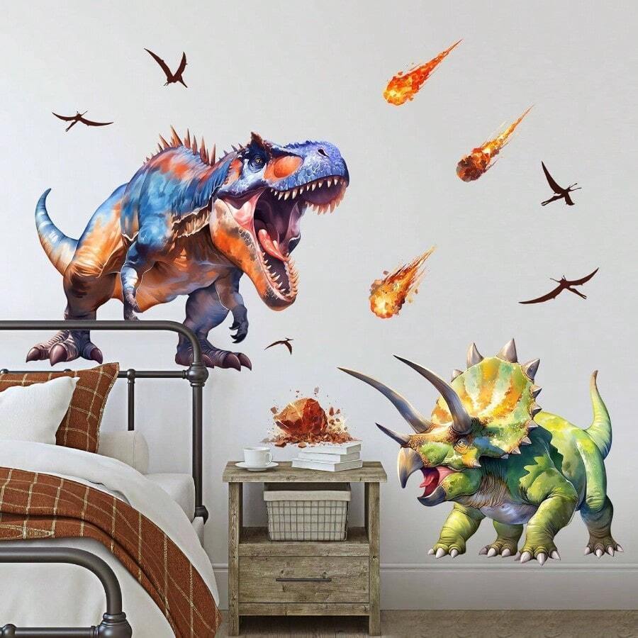 Adhesivos de Pared Grandes de Dinosaurio para Habitacin de Nios - Pegatinas de Pared de Tiranosaurio y Triceratops para Dormitorio de Nios, Sala de Estar, Decoracin de Pared de Arte para - T-Rex contra Triceratops - Ver 1