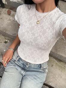 Women's Summer Round Neck Lace Short Sleeve Crop Top, Slim Fit Y2K Style Summer Blouse - Apricot - View 3