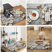 1pc Dish Drying Mat, Coffee Machine Mat, Oil Painting Texture Wood Base Daisy & Butterfly Print, Durable Absorbent Polyester Fiber Draining Mat, Suitable For Dining Table, Cafe And Other Scenes, Fresh And Elegant, Combining Beauty And Practicality, Multi-Purpose Drainage Mat, Home Gift, Tabletop Decor - XYLSD-475 - View 9