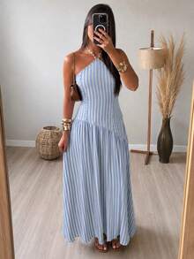 Long Striped Viscose Dress For Parties, Events, And Everyday Wear - 淺藍色 - 查看 2