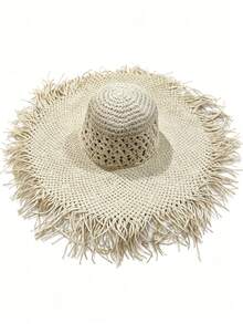 Chapéu de palha casual elegante em estilo boêmio, com aba larga e topo arredondado, em cor sólida (1 unidade). Ideal para praia e férias, perfeito para se proteger do sol e do sol. Versátil para todas as estações. - A - Ver 3