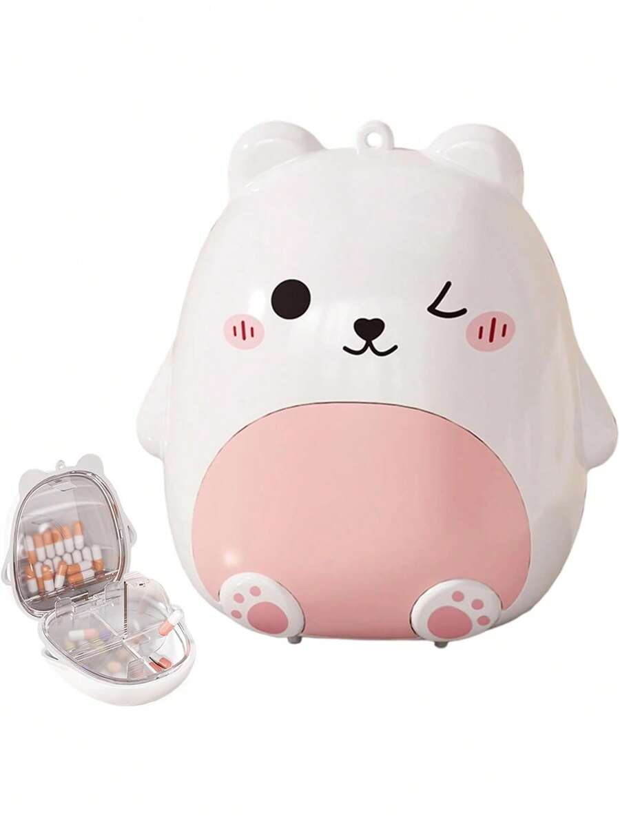 1pc Cute Bear Portable Pill Box, Large Capacity Airtight Medicine Storage Box, Refillable 7-Day Portable Pill Organizer, Small Medicine Storage Box, Airtight Design, Large Capacity Pill Box, Easy To Carry Or Hang On Bag - Multicolor - View 1