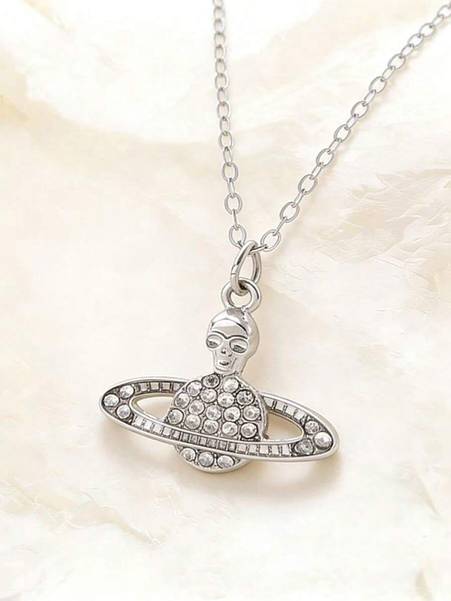 1pc Fashionable Elegant Versatile Sweet & Cool Exquisite Sparkling Planet Personalized Skull Necklace - Silver - View 1