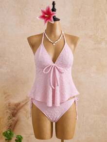 Bellisia 2 piezas Top de bikini de triángulo con textura de punto de unicolor para mujer, casual para playa y vacaciones de verano - Rosa - Ver 1
