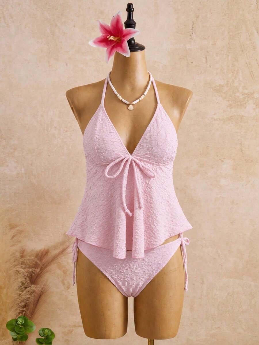 Bellisia 2 piezas Top de bikini de triángulo con textura de punto de unicolor para mujer, casual para playa y vacaciones de verano - Rosa - Ver 1