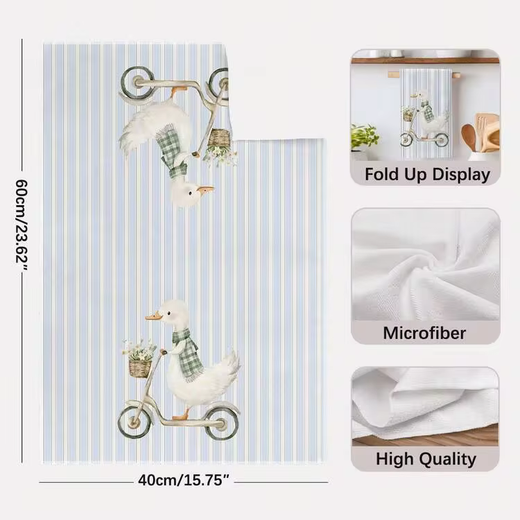 2PCS Kitchen Towels, Pastoral Farm Fresh Green Skateboard Duck Pattern Print 40*60cm Country Style Rectangular Microfiber Kitchen Towels, Absorbent Dishcloth, Tablecloth, Hand Towel, Kitchen Decor, Housewarming Gift For Neighbors, Perfect For Kitchen And Bathroom Use, Suitable For Housewives And Family Gathering Gifts, High Cost-Performance, Home Essential - Green - View 3