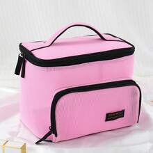 1 pieza Bolsa de almacenamiento de malla multifuncional de doble compartimento, material de malla semitransparente rosa, ranura frontal para cepillos + partición del compartimento principal, bolsa de maquillaje portátil estilo chica hot - Multicolor - Ver 2
