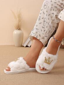 Pantuflas de casa estilo princesa con diseño de corona, abiertas de punta, de felpa, cálidas y cómodas, sandalias tipo slide de piel sintética para mujer - Dorado - Ver 8