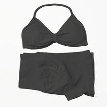 Conjuntos de sujetadores Halter de Yoga sin costuras, 2 piezas, pantalones cortos deportivos con fruncido en la parte de atrás, Tops cortos de gimnasio - Burdeos - Ver 8