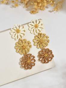 1 par de pendientes largos de flor de margarita con colgante, tejidos a mano en rafia, huecos y multicapa, estilo estético, fresco, de moda y personalizado, diseño exagerado, dulce y colorido, adecuados para uso diario, banquetes y vacaciones de mujeres - curry blanco - Ver 5