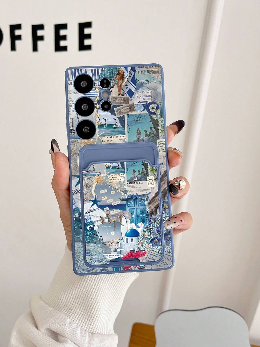 1 pièce Étui de téléphone en TPU gris avec motif collage vacances sur les îles grecques, couverture complète, antichoc et 1 pièce porte-carte adhésif gris avec motif collage vacances sur les îles grecques, nouveau 2-en-1, protection complète, anti-poussière, étanche, coque souple, convient pour étui de téléphone polyvalent/porte-carte/étui de téléphone amusant/étui de téléphone Android/étui de téléphone/étui de téléphone/étui de téléphone/convient pour Galaxy/Galaxy S26 S25 S24 S23 S22 S21 S20 Plus Ultra FE - Multicolore - Voir 1