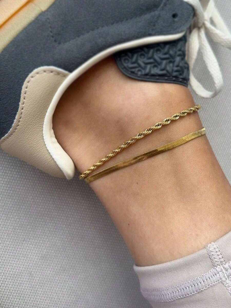 2pcs/Set Women's Anklet Set, Beach Vacation Layering Style, Non-Fading Non-Rusting Stainless Steel Women's Twisted Chain Flat Snake Chain Basic Anklet Set, Daily Accessory Gift - Yellow Gold - View 1