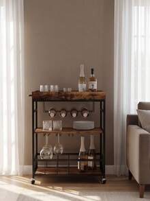 3 Tier Rolling Bar Cart With Wine Rack And Handle, Mobile Serving Trolley With Wheels, Kitchen Storage Cart For Dining Living Room Bedroom Outdoor Use - 棕色 - 查看 7