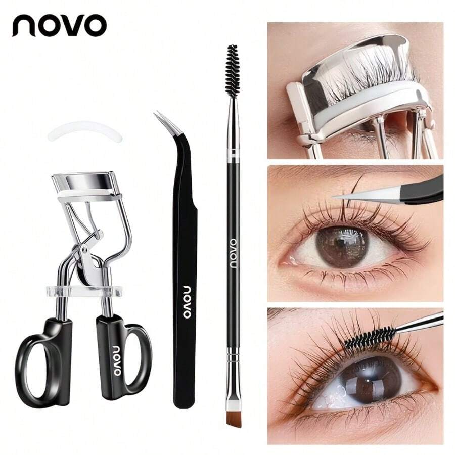 NOVO 3pcs Eyelash Tool Set, Includes 1 Replacement Silicone Pad Eyelash Curler, Curved Tweezers, Dual-Ended Eyebrow Brush, Eyelash Applicator & Eyebrow Comb, Makeup Supplies - Multicolor - View 1