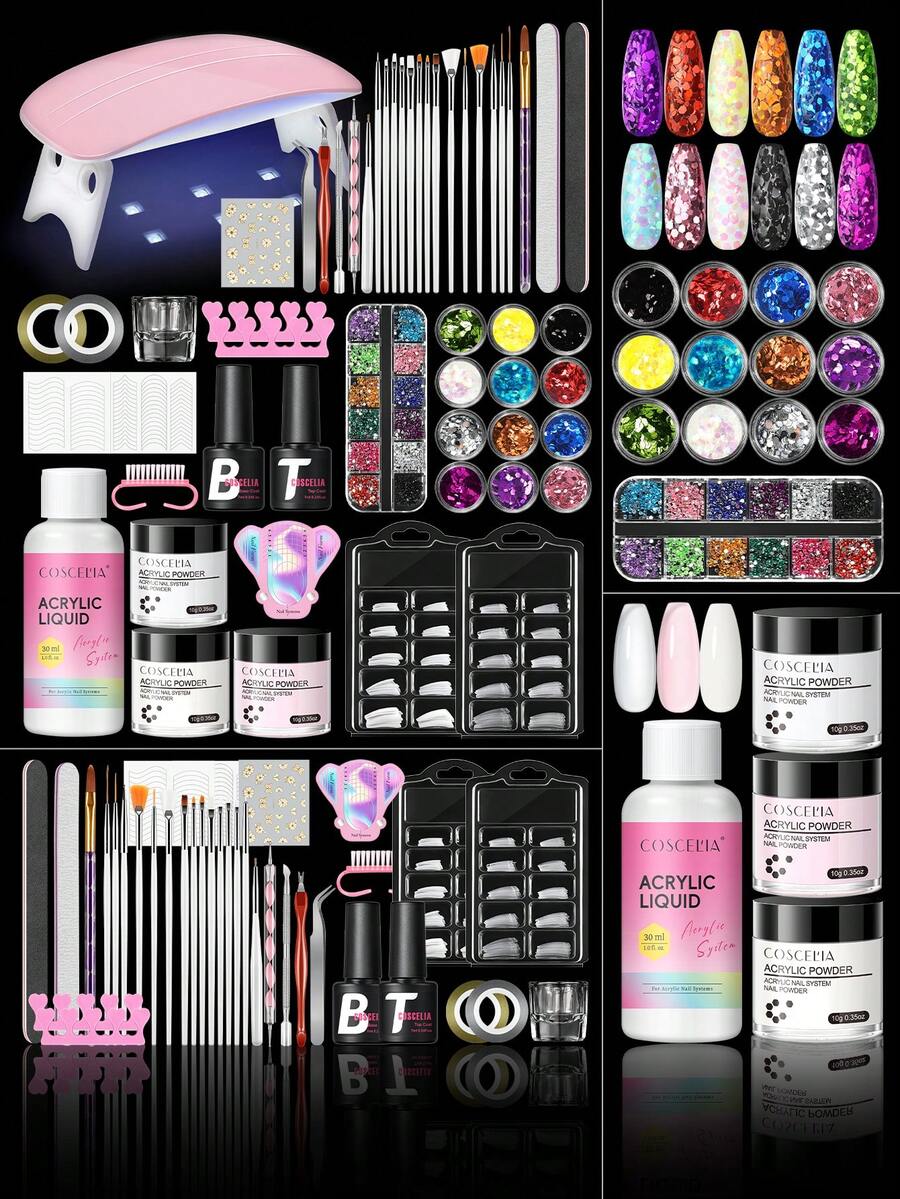 coscelia Complete Acrylic Nail Art Set For Beginners, Includes Acrylic Powder And Liquid, UV LED Nail Lamp, Nail Tips, Glitter Rhinestones And Nail Tools, Home DIY Nail Art Kit - Multicolor - View 1