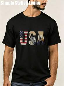 Camiseta  de manga corta con cuello redondo y estampado patriótico de EE. UU. con diseño de la Estatua de la Libertad y el horizonte de la ciudad, color negro, ropa casual para hombre. - Negro - Ver 1