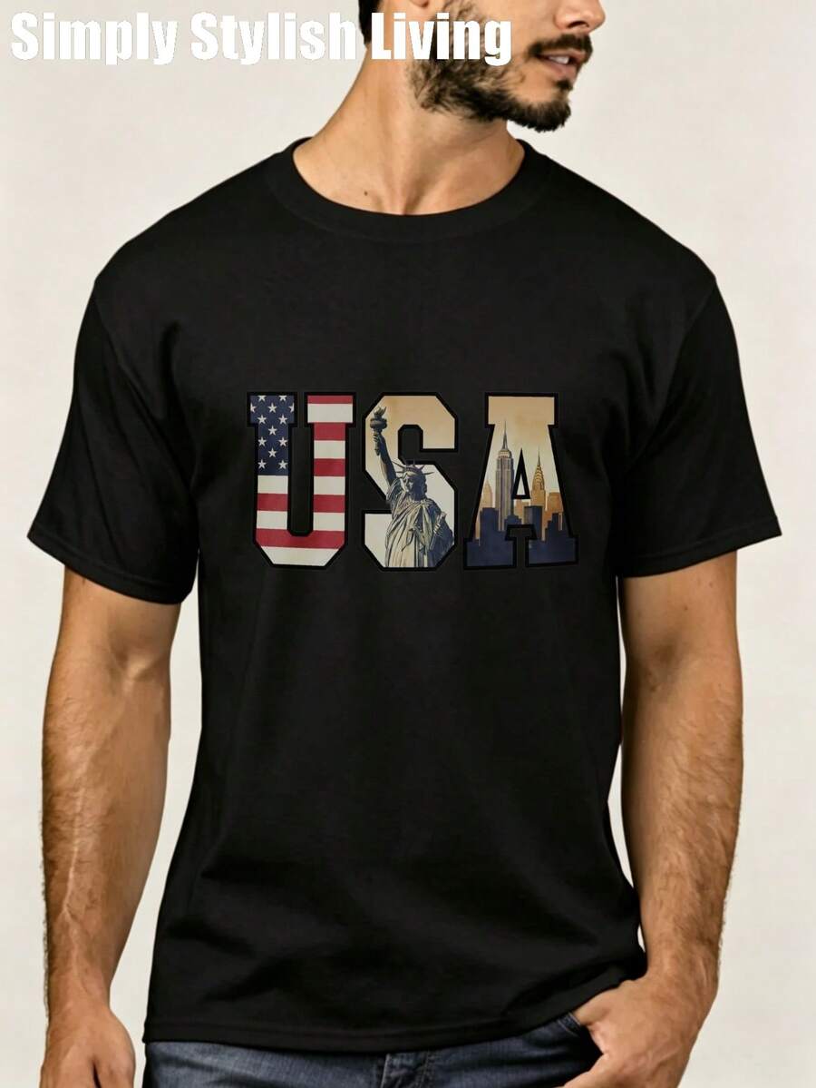 Camiseta  de manga corta con cuello redondo y estampado patriótico de EE. UU. con diseño de la Estatua de la Libertad y el horizonte de la ciudad, color negro, ropa casual para hombre. - Negro - Ver 1