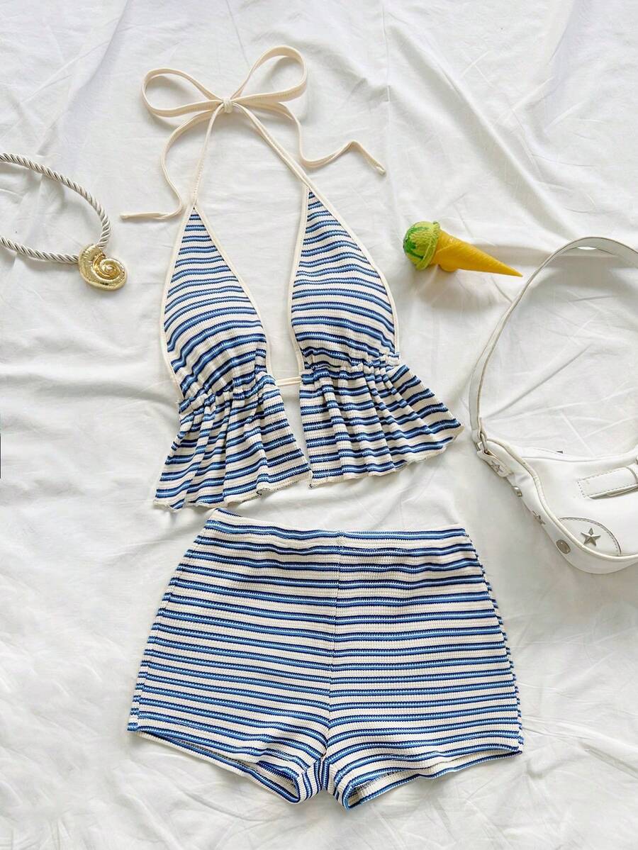 Conjunto de 2 piezas de top halter sin espalda y shorts a rayas para vacaciones casual de mujer - Multicolor - Ver 1