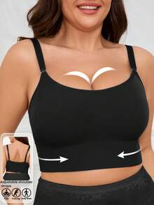 Zimi Collection Plus Size Black Seamless Camisole Sports Bra, Adjustable Spaghetti Strap, Wire-Free, Breathable Fitness Crop Top Fall - Black - View 4