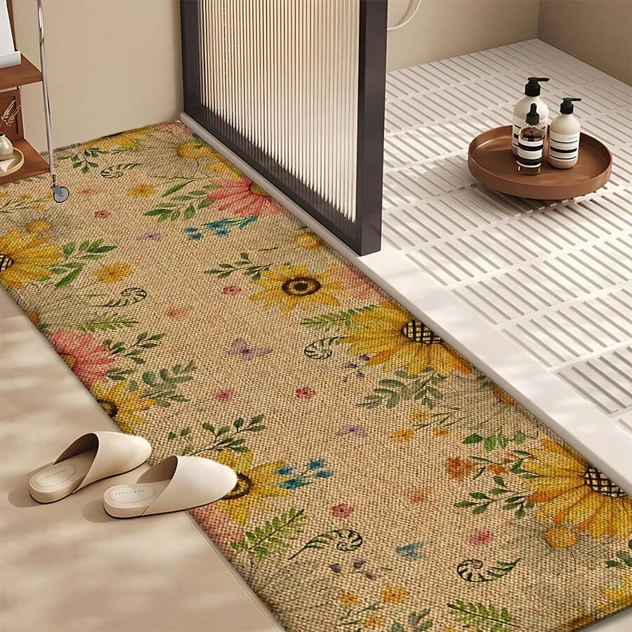 1 pieza, Decoración del hogar, Estampado de patrón floral, Alfombra de cocina de lino, Tapete de cocina, Tapete de piso, Tapete de baño, Tapete de puerta, Impresión 3D rectangular, Adecuado para sala de estar, dormitorio, pasillo, baño, lavandería - Alfombra de poliéster, Adecuado para decoración del hogar interior y exterior - Multicolor - Ver 1