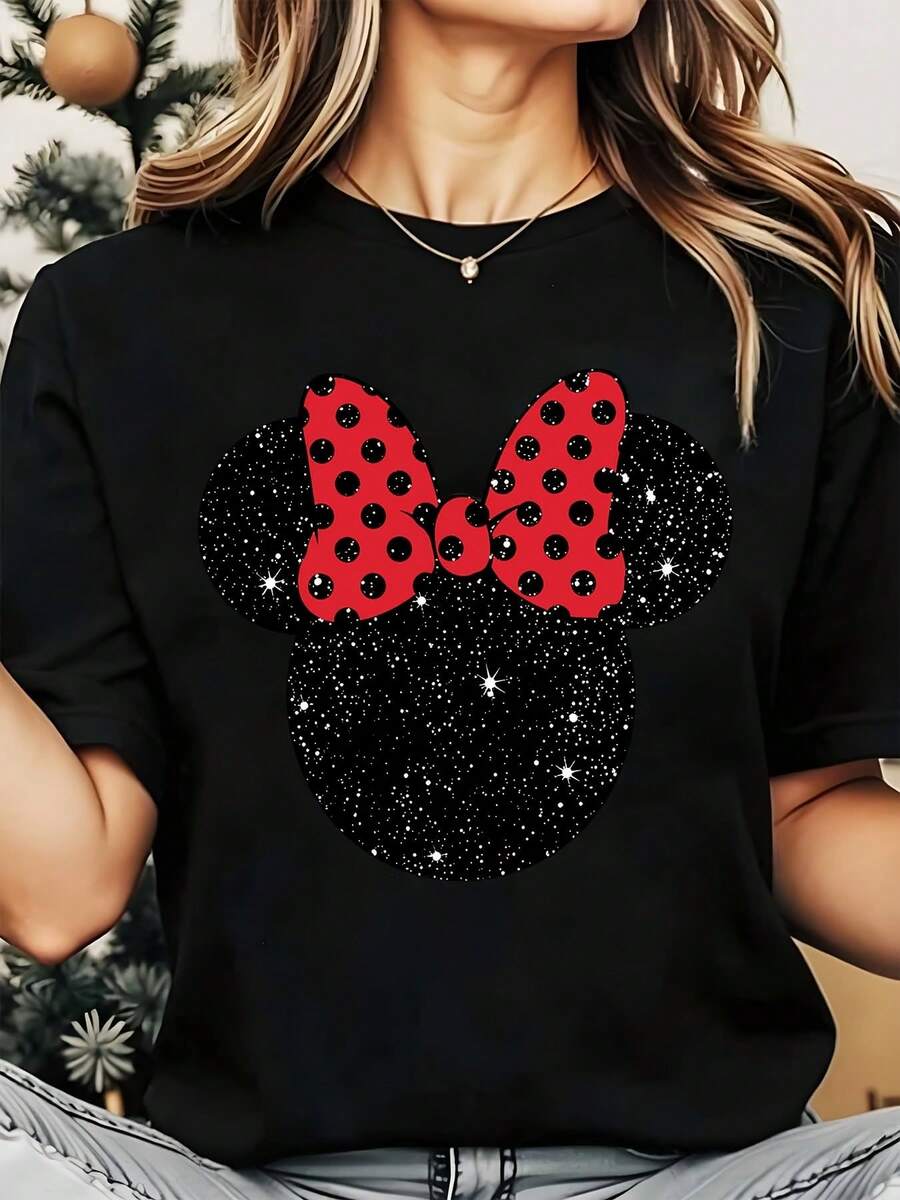 Disney Minnie Mouse Sparkle Bow Women's Round Neck Shirt Summer Tops Comfortable O-Neck T Shirt Fashion Casual Women Clothes - 黑色 - 查看 1