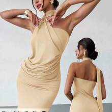 MewMuse. Vestido suelto con mangas acampanadas asimétricas de color marrón moca para mujer, vestido largo de moda, ropa de primavera/verano, adecuado para ir al trabajo - verde militar - Ver 10