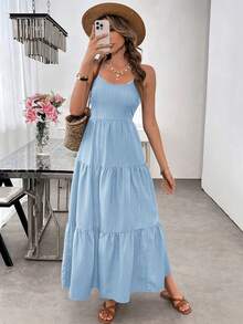 Vestido Tirantes Espalda Descubierta Lazos Grandes Cintura Ajustada - Azul - Ver 5
