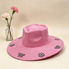 Elegant  Felt Hat With Sparkly Rhinestone Butterfly  Flower Details For Daily  Vacation Outfits - Pink - View 2