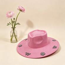 Elegant  Felt Hat With Sparkly Rhinestone Butterfly  Flower Details For Daily  Vacation Outfits - Pink - View 3