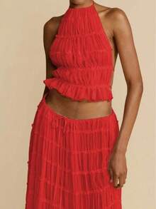 2026 Summer Halter Neck 2-Piece Outfit, Ruffled Crop Top & Maxi Skirt Set, Boho Style Tiered Chiffon Co-Ord For Vacation & Party Wear - 杏色 - 查看 7