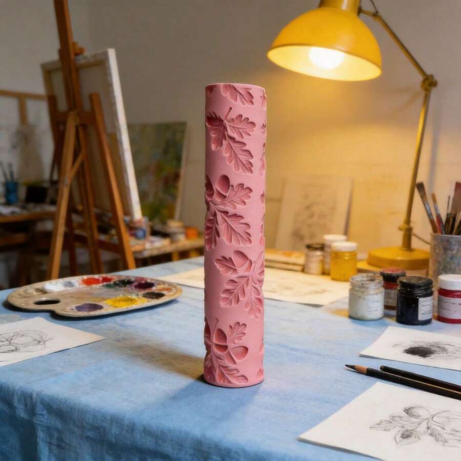 Oak Tree Acorn & Branch Pattern Clay Relief Texture Roller – DIY Pottery Craft Rolling Pin Tool For Polymer Clay, Ceramic Art, Fondant, Cookie Dough, Soft Clay Embossing,Deep Impression, Easy Clean – Ideal For Beginners & Professional Potters - Oak Branches Pink - View 1