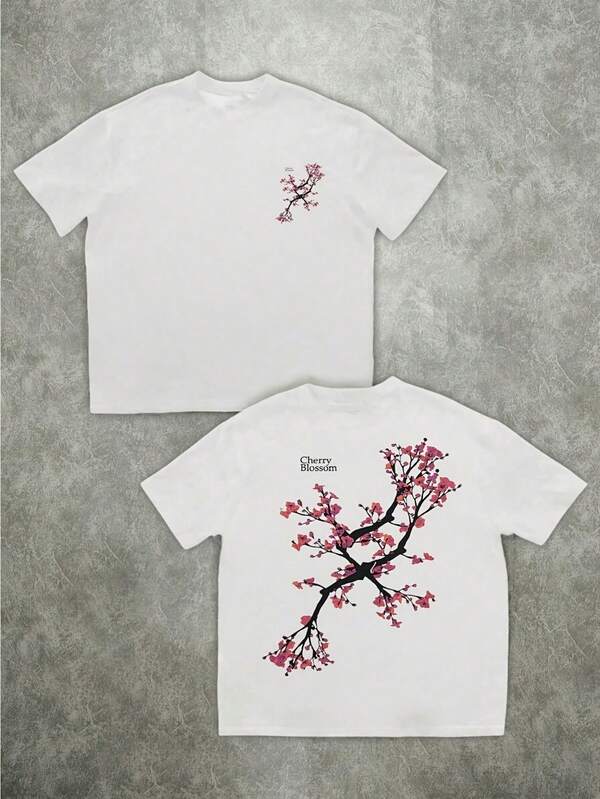 Heren T-shirt met kersenbloesemprint, losvallend model met bloemenmotief, 220 g/m² stof, casual top voor lente en zomer, geschikt voor dagelijks en semi-formeel gebruik, machinewasbaar.