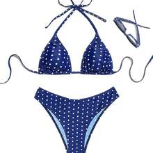 Nuevo bikini de lunares 2026: sensual bañador de dos piezas para mujer, para la playa y los balnearios - Fondo amarillo con puntos grises - Ver 6