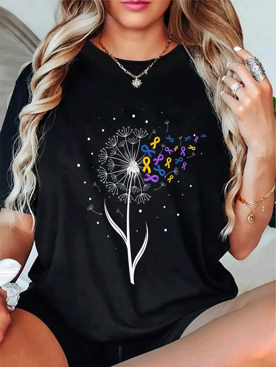 Size para Mujeres Sobrevivientes de Cáncer de Vejiga - Diseño con Lazo Morado y Flores de Diente de León Blanco - Camisa Suave para el Apoyo a la Concienciación del Cáncer, Lavable a Máquina - Negro - Ver 1