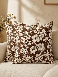 1pc Vintage Floral Cushion Covers, Modern Country-Style Printed Decorative Cushion Covers, Suitable For Sofas, Beds, And Living Rooms - Reddish-brown - View 1