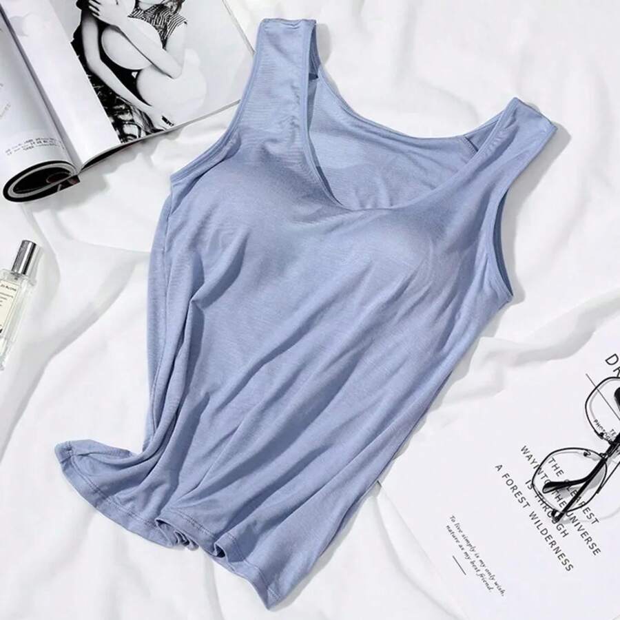 Women's Vest Tops With Built-In Padded Bra, Fitted Tank Tops, Sexy Shirts, Casual Underwear For Women, Slimming Lingerie Top - 藍色 - 查看 1