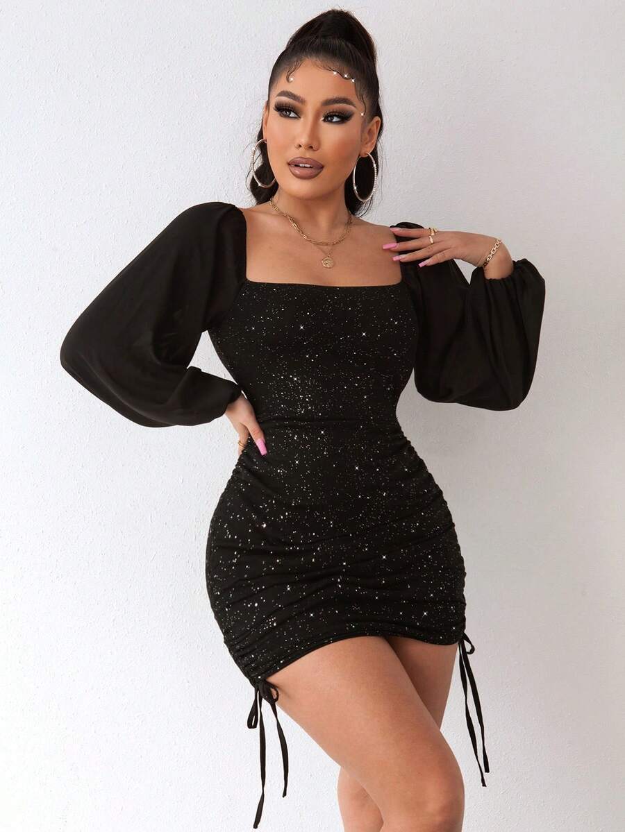 xheJoyfunear Vestido elegante negro de manga farol, ajustado en la cintura con cordón, de corte mini, para primaveraxhe - Negro - Ver 1