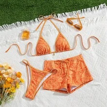 Conjunto de 3 piezas de traje de baño casual para vacaciones en la playa con estampado de conchas tropicales, espalda descubierta y cordones, verano - Naranja - Ver 2