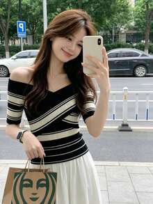 Color-Block Striped Crossover Short-Sleeve Knit Top For Women, Summer Style, Off-Shoulder, Waist-Fitting, Cropped Length. - Stripe - View 3