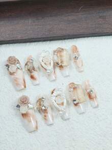 CrystalHola Handmade Square Nails, Y2K, Summer, White & Coffee Color With Rhinestones, Flowers, Pearls, French Tip Nail, Pure Handmade Nails. Suitable For Women And Girls. 10 Pieces. Fits Parties, Weddings, And Wear Daily. Great Gift For Ladies' Nail Supplies. Handmade Press On Nails - Multicolor - View 4