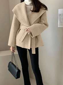 Women's Elegant Fashionable Lapel Wool Blend Overcoat, Solid Color Woven Fabric, Pockets, Elegant Airport, Daily Office, Date, Autumn/Winter Fall - Apricot - View 5