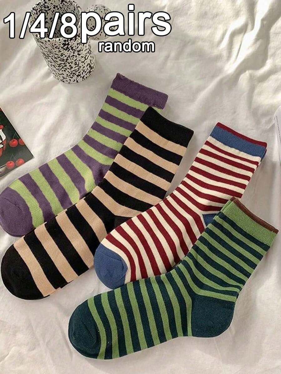 1/4/8雙（隨機發貨）女款條紋復古個性時尚簡約優雅百搭舒適柔軟中筒襪，適合日常穿著