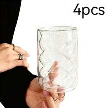 1 Double-Layer Insulated Glass Water Cup, American Coffee Cup, Creative Transparent Dirty Cup, Household Tea Cup, Latte Cup, Double-Layer Glass Mug, Wavy Insulated Glass Cup, Suitable For Cold And Hot Drinks, Clear High Footed Ice Drink Cup - Clear - View 8