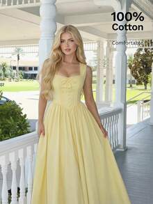 MOD Yellow Cotton Dress With Square Neck And Button Embellishment - 黃色 - 查看 1