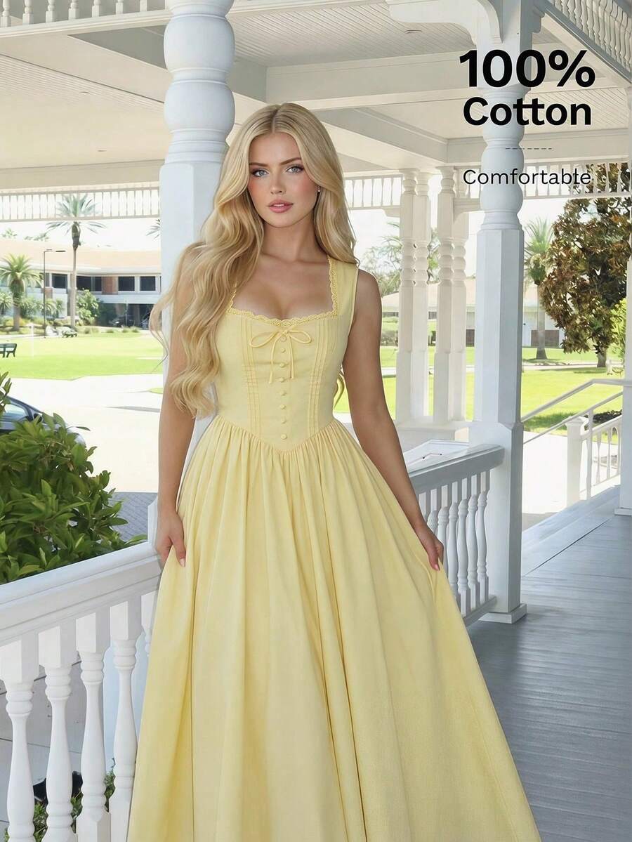 MOD Yellow Cotton Dress With Square Neck And Button Embellishment - 黃色 - 查看 1
