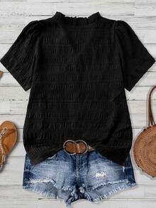 Camisa de manga corta con volantes y cuello en V de color sólido - Negro - Ver 2
