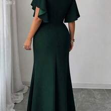 xuehuamaoyi02 Vestido largo de mujer talla grande de cuello en V verde profundo, vestido de noche elegante con mangas cortas con volantes, cintura cruzada y abertura alta, - Azul cielo - Ver 4