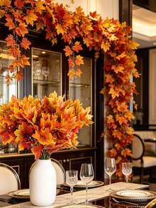 14 Stems - 2pcs Artificial Maple Leaves, Autumn Artificial Leaf Decor, Thanksgiving Plastic Autumn Leaves, Indoor/Outdoor Kitchen Holiday Autumn Leaf Centerpiece Decor, Halloween, Thanksgiving, Harvest Festival - Multicolor - View 6
