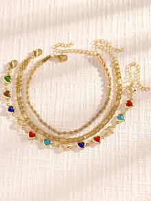 Set Gelang Kaki Rhinestone Kasual Modis 3 Buah, Perhiasan Serbaguna Musim Panas yang Dipersonalisasi untuk Wanita, Gelang Kaki Rantai untuk Liburan Pantai, Aksesoris Wanita, Hadiah untuk Teman atau Keluarga - Yellow Gold - View 4