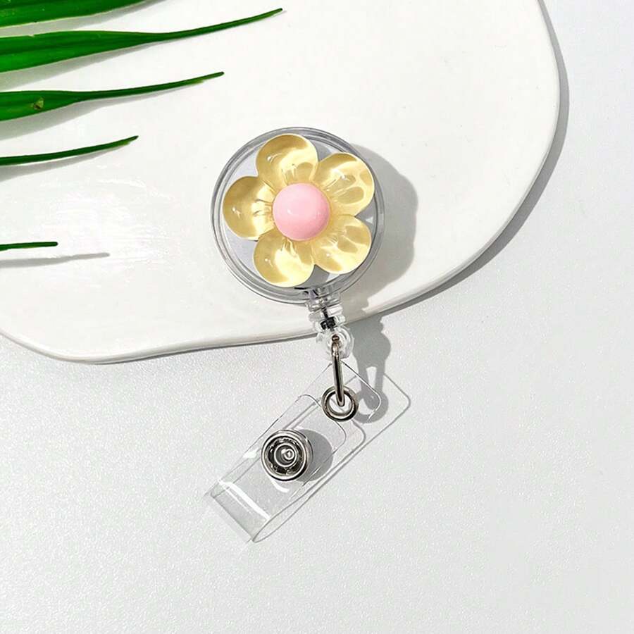 1pc/6pcs Cute Crystal Flower Design, Resin Plastic Material, Retractable Rotating Clip, Badge Reel With Rotating Clip, Suitable For Work ID, Student ID, Ideal For Students, Teachers, Doctors, School Supplies, Back To School Season And More. - Multicolor - View 1